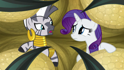 Size: 1280x720 | Tagged: safe, screencap, character:rarity, character:zecora, species:bird, species:roc, episode:molt down, g4, my little pony: friendship is magic, claw
