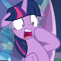Size: 1080x1079 | Tagged: safe, screencap, character:twilight sparkle, character:twilight sparkle (alicorn), species:alicorn, species:pony, episode:molt down, g4, my little pony: friendship is magic, bipedal, cropped, faec, floppy ears, gasp, horrified, open mouth, reaction image, shocked, solo, spike's room, uvula, wide eyes