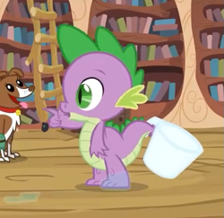 Size: 555x540 | Tagged: safe, screencap, character:spike, character:winona, species:dragon, episode:just for sidekicks, g4, my little pony: friendship is magic, claws, cropped, cup, golden oaks library, male, saliva on feet, season 3