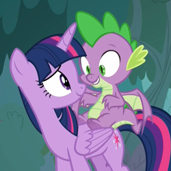 Size: 1079x1078 | Tagged: safe, screencap, character:spike, character:twilight sparkle, character:twilight sparkle (alicorn), species:alicorn, species:dragon, species:pony, episode:molt down, g4, my little pony: friendship is magic, cropped, discovery family logo, dragons riding ponies, duo, eye contact, female, looking at each other, male, riding, smiling, winged spike