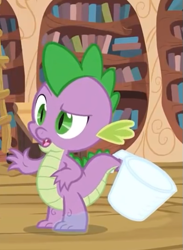 Size: 395x540 | Tagged: safe, screencap, character:spike, species:dragon, episode:just for sidekicks, g4, my little pony: friendship is magic, claws, cropped, cup, golden oaks library, male, saliva on feet, season 3