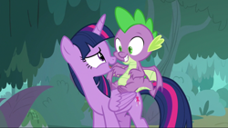 Size: 2542x1438 | Tagged: safe, screencap, character:spike, character:twilight sparkle, character:twilight sparkle (alicorn), species:alicorn, species:dragon, species:pony, episode:molt down, g4, my little pony: friendship is magic, dragons riding ponies, duo, female, male, mare, riding, winged spike