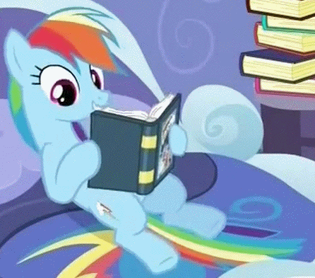 Size: 446x393 | Tagged: safe, screencap, character:rainbow dash, episode:read it and weep, g4, my little pony: friendship is magic, animated, awesome, bed, book, cute, dashabetes, hnnng, hoofy-kicks, leg wiggle, reading, that pony sure does love books