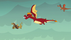 Size: 1280x720 | Tagged: safe, screencap, character:garble, species:dragon, episode:gauntlet of fire, g4, my little pony: friendship is magic, amarant, armor, barry, dragon armor, flying, male, teenaged dragon, trio