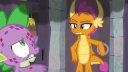 Size: 1669x943 | Tagged: safe, screencap, character:smolder, character:spike, species:dragon, episode:molt down, g4, my little pony: friendship is magic, amused, baby dragon, claws, closet, cute, cute little fangs, dragoness, duo, fangs, female, gritted teeth, horns, lidded eyes, looking up, male, playful, smiling, smirk, smoke, smug, smugder, spike is not amused, stone scales, teasing, teenaged dragon, teenager, unamused, waving arms
