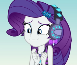 Size: 843x718 | Tagged: safe, screencap, character:rarity, episode:lost and found, g4, my little pony:equestria girls, bikini, bikini top, clothing, cropped, cute, headphones, raribetes, solo, swimsuit