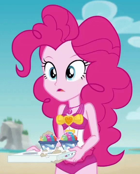 Size: 578x720 | Tagged: safe, screencap, character:pinkie pie, episode:too hot to handle, g4, my little pony:equestria girls, animated, clothing, confused, cropped, food, geode of sugar bombs, gif, solo, swimsuit