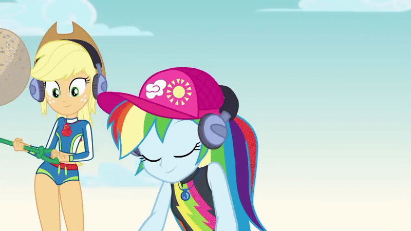 Size: 800x450 | Tagged: safe, screencap, character:applejack, character:rainbow dash, character:rarity, episode:lost and found, g4, my little pony:equestria girls, animated, cap, clothing, hat, sand, shovel, swimsuit, trio