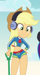 Size: 387x720 | Tagged: safe, screencap, character:applejack, episode:lost and found, g4, my little pony:equestria girls, apple, belly button, clothing, cowboy hat, cropped, female, food, freckles, geode of super strength, hat, headphones, hips, looking down, magical geodes, midriff, sexy, shovel, smiling, swimsuit, thigh gap