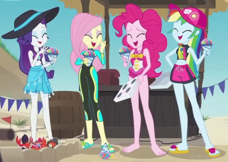 Size: 770x548 | Tagged: safe, screencap, character:fluttershy, character:pinkie pie, character:rainbow dash, character:rarity, species:crab, episode:too hot to handle, g4, my little pony:equestria girls, animal, animated, barefoot, belly button, bikini, board shorts, clothing, cropped, cute, feet, geode of fauna, geode of shielding, geode of sugar bombs, geode of super speed, gif, laughing, magical geodes, sandals, sarong, shorts, snowcone, swimsuit, wetsuit