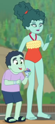 Size: 310x699 | Tagged: safe, screencap, episode:too hot to handle, g4, my little pony:equestria girls, barefoot, cellphone, clothing, cropped, duo, feet, female, leafy mint, male, mint chip, mother and child, mother and son, one-piece swimsuit, phone, smartphone, swimsuit