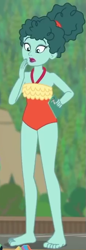 Size: 237x690 | Tagged: safe, screencap, episode:too hot to handle, g4, my little pony:equestria girls, background human, barefoot, clothing, cropped, feet, leafy mint, one-piece swimsuit, solo, swimsuit