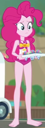 Size: 210x596 | Tagged: safe, screencap, character:pinkie pie, episode:too hot to handle, g4, my little pony:equestria girls, barefoot, clothing, cropped, feet, geode of sugar bombs, solo, swimsuit