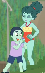 Size: 364x592 | Tagged: safe, screencap, episode:too hot to handle, g4, my little pony:equestria girls, clothing, cropped, duo, female, leafy mint, male, mint chip, mother and son, one-piece swimsuit, swimsuit