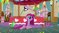 Size: 1280x720 | Tagged: safe, screencap, character:gummy, character:pinkamena diane pie, character:pinkie pie, character:spike, episode:party of one, g4, my little pony: friendship is magic, balloon, chair, confetti, curtains, great moments in animation, light, pinkie's room, rug, sad, table, tablecloth