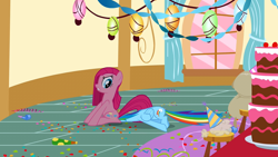 Size: 1280x720 | Tagged: safe, screencap, character:pinkamena diane pie, character:pinkie pie, character:rainbow dash, episode:party of one, g4, my little pony: friendship is magic, cake, clothing, confetti, curtains, facesitting, food, hat, lantern, madame leflour, paper lantern, party hat, pinkie's room, rug, stool, table