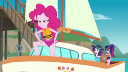 Size: 1280x720 | Tagged: safe, screencap, character:pinkie pie, character:rarity, character:twilight sparkle, character:twilight sparkle (scitwi), species:eqg human, episode:the salty sails, g4, my little pony:equestria girls, boat dock, clothing, cupcake, food, glasses, hat, lifejacket, ocean, pose, sailboat, sailing, ship, sun hat, swimsuit