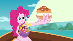 Size: 1280x720 | Tagged: safe, screencap, character:pinkie pie, episode:the salty sails, g4, my little pony:equestria girls, clothing, cupcake, food, ocean, pinkie's basket treasure, sailing, ship, solo, swimsuit