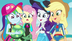 Size: 1280x720 | Tagged: safe, screencap, character:applejack, character:fluttershy, character:rainbow dash, character:rarity, character:tank, my little pony:equestria girls, aww... baby turtles, belly button, clothing, cute, dashabetes, dawwww, hand on cheek, hat, hips, jackabetes, midriff, raribetes, shorts, shyabetes, swimsuit, tortoise, wetsuit