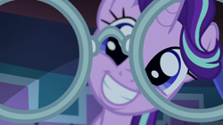 Size: 1280x720 | Tagged: safe, screencap, character:starlight glimmer, character:sunburst, species:pony, species:unicorn, episode:uncommon bond, g4, my little pony: friendship is magic, adoracreepy, creepy, cute, female, first person view, glasses, glimmerbetes, grin, implied sunburst, looking at you, offscreen character, pov, smiling, sunburst's glasses