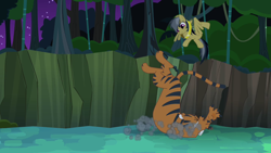 Size: 1280x720 | Tagged: safe, screencap, character:daring do, species:pegasus, species:pony, episode:daring don't, g4, my little pony: friendship is magic, ahuizotl's cats, animal, animation error, big cat, cat, claws out, clothing, dodge, dust cloud, eyes closed, faceplant, female, mare, rings of scorchero, tiger
