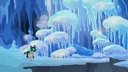 Size: 1280x720 | Tagged: safe, screencap, character:spike, character:thorax, species:changeling, species:dragon, episode:the times they are a changeling, g4, my little pony: friendship is magic, cavern, duo, frozen north, ice, icicle, male, snow