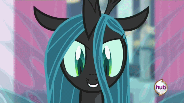 Size: 640x360 | Tagged: safe, screencap, character:queen chrysalis, species:changeling, episode:a canterlot wedding, g4, my little pony: friendship is magic, animated, buzzing wings, changeling queen, cute, cutealis, eyes closed, fangs, female, flying, gif, giggling, hub logo, hubble, laughing, lip bite, open mouth, out of context, smiling, solo, the hub