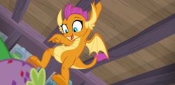 Size: 2220x1080 | Tagged: safe, screencap, character:smolder, character:spike, species:dragon, episode:molt down, g4, my little pony: friendship is magic, amused, claws, dragoness, fangs, female, hanging, horns, impressed, molting, offscreen character, open mouth, pointing, raised eyebrow, solo focus, spread wings, stone scales, swinging, talking, teenaged dragon, teenager, underfoot, wings
