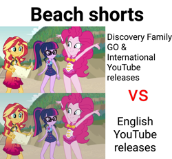 Size: 1919x1773 | Tagged: safe, screencap, character:pinkie pie, character:sunset shimmer, character:twilight sparkle, character:twilight sparkle (scitwi), species:eqg human, episode:x marks the spot, g4, my little pony:equestria girls, clothing, color error, comparison, geode of empathy, geode of sugar bombs, geode of telekinesis, midriff, swimsuit, you had one job, youtube