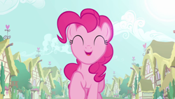 Size: 1280x720 | Tagged: safe, screencap, character:pinkie pie, episode:a friend in deed, g4, my little pony: friendship is magic, happy, house, ponyville, smile song, smiling, trotting