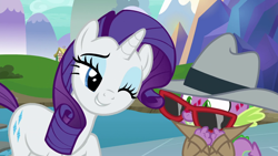 Size: 1280x720 | Tagged: safe, screencap, character:rarity, character:spike, species:dragon, species:pony, species:unicorn, episode:molt down, g4, my little pony: friendship is magic, callback, clothing, duo, female, hat, male, mare, one eye closed, overcoat, she knows, stone scales, sunglasses, water, wink