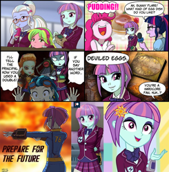Size: 2000x2043 | Tagged: safe, artist:uotapo, screencap, character:indigo zap, character:lemon zest, character:pinkie pie, character:sugarcoat, character:sunny flare, character:twilight sparkle, character:twilight sparkle (scitwi), species:eqg human, equestria girls:dance magic, g4, my little pony:equestria girls, adoraflare, clothing, comic, crystal prep academy uniform, cute, fallout, fangirl, geode of sugar bombs, headcanon, magical geodes, nerd, pipboy, school uniform, sunny flare's wrist devices
