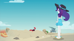 Size: 1920x1080 | Tagged: safe, screencap, character:rarity, species:crab, my little pony:equestria girls, aww... baby turtles, beach, cloud, crab fighting a giant rarity, feet, flip-flops, giant crab, rarity fighting a giant crab, rarity fighting a regular sized crab, role reversal, sand, sandals, sky
