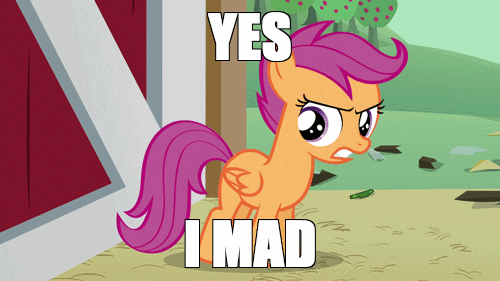 Size: 500x281 | Tagged: safe, screencap, character:scootaloo, species:pegasus, species:pony, episode:one bad apple, g4, my little pony: friendship is magic, angry, animated, image macro, scootaloo is not amused, solo, unamused