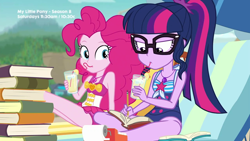 Size: 1280x720 | Tagged: safe, screencap, character:pinkie pie, character:twilight sparkle, character:twilight sparkle (scitwi), species:eqg human, episode:friendship math, g4, my little pony:equestria girls, book, clothing, duo, duo female, female, geode of sugar bombs, geode of telekinesis, juice, lemonade, magical geodes, swimsuit