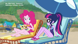 Size: 1280x720 | Tagged: safe, screencap, character:pinkie pie, character:twilight sparkle, character:twilight sparkle (scitwi), species:eqg human, episode:friendship math, g4, my little pony:equestria girls, barefoot, beach, clothing, duo, duo female, feet, female, flip-flops, legs, sandals, schrödinger's pantsu, swimsuit, umbrella
