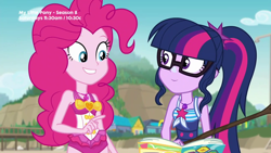 Size: 1280x720 | Tagged: safe, screencap, character:pinkie pie, character:twilight sparkle, character:twilight sparkle (scitwi), species:eqg human, episode:friendship math, g4, my little pony:equestria girls, clothing, duo, duo female, female, geode of sugar bombs, geode of telekinesis, magical geodes, sunscreen, swimsuit