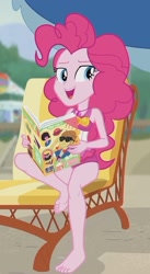Size: 1153x2100 | Tagged: safe, screencap, character:feather bangs, character:pinkie pie, episode:friendship math, g4, my little pony:equestria girls, barefoot, beach, clothing, cropped, feet, legs, magazine, solo, swimsuit