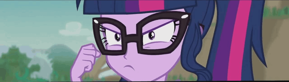 Size: 972x277 | Tagged: safe, screencap, character:pinkie pie, character:twilight sparkle, character:twilight sparkle (scitwi), species:eqg human, episode:friendship math, g4, my little pony:equestria girls, angry, animated, close-up, confident, cropped, determined, duo, fist up, frown, gif, glare, glasses, looking at you, loop, staring contest, wide eyes, worried