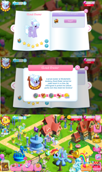 Size: 2560x4304 | Tagged: safe, gameloft, screencap, character:carrot cake, character:cloudchaser, character:helia, character:pinkie pie, character:rainbow dash, character:spike, character:steven magnet, character:sweetie belle, character:zephyr breeze, balloon, balloon rainbow dash, banner, bits, bow tie, candy, candy cane, clothing, coin, commander hurricane, flower, food, game screencap, gem, generosity shards, maid, minecart, phonograph, quill pen, stars, tote bag (character), wheel