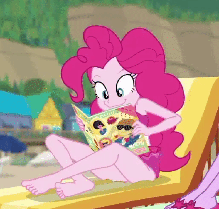Size: 863x824 | Tagged: safe, screencap, character:feather bangs, character:pinkie pie, character:twilight sparkle, character:twilight sparkle (scitwi), species:eqg human, episode:friendship math, g4, my little pony:equestria girls, animated, barefoot, clothing, cropped, cute, diapinkes, feet, flip-flops, legs, sandals, swimsuit