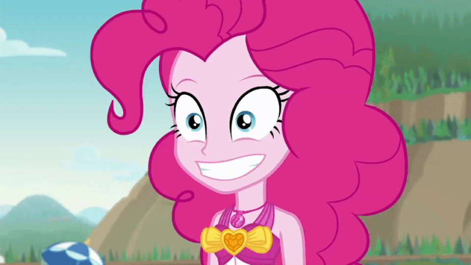 Size: 960x540 | Tagged: safe, screencap, character:pinkie pie, episode:friendship math, g4, my little pony:equestria girls, animated, bust, clothing, emotional spectrum, gif, grin, no, nodding, reaction image, smiling, solo, swimsuit, yes