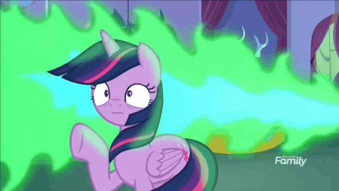 Size: 678x382 | Tagged: safe, screencap, character:twilight sparkle, character:twilight sparkle (alicorn), species:alicorn, species:pony, episode:molt down, g4, my little pony: friendship is magic, animated, fire, fire breath, gif, logo, meep, offscreen character, reversed, solo, sudden realization