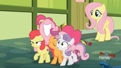 Size: 1653x926 | Tagged: safe, screencap, character:apple bloom, character:fluttershy, character:pinkie pie, character:scootaloo, character:sweetie belle, species:earth pony, species:pegasus, species:pony, species:unicorn, episode:marks for effort, g4, my little pony: friendship is magic, cutie mark crusaders, group hug, hug, nose in the air, quintet, volumetric mouth