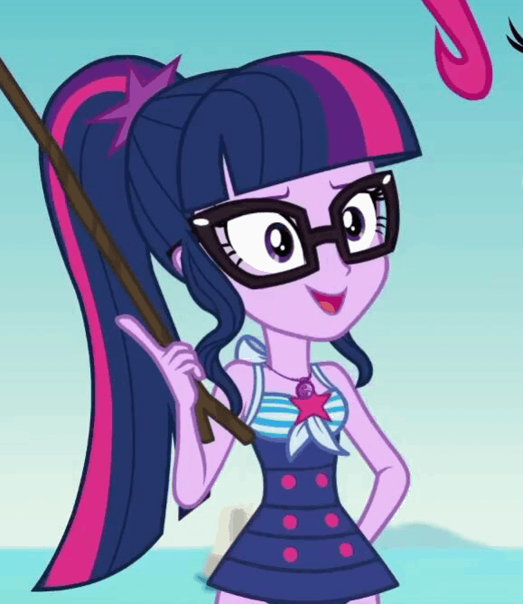 Size: 579x669 | Tagged: safe, screencap, character:twilight sparkle, character:twilight sparkle (scitwi), species:eqg human, episode:friendship math, g4, my little pony:equestria girls, adorkable, animated, clothing, cropped, cute, dork, geode of telekinesis, gif, nerd, solo, stick, swimsuit, twiabetes