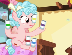 Size: 1275x967 | Tagged: safe, screencap, character:cozy glow, episode:marks for effort, g4, my little pony: friendship is magic, cans, cropped, female, filly, food, offscreen character, solo, sprinkles, tongue out