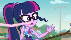 Size: 1280x720 | Tagged: safe, screencap, character:pinkie pie, character:twilight sparkle, character:twilight sparkle (scitwi), species:eqg human, episode:friendship math, g4, my little pony:equestria girls, boop, clothing, female, geode of telekinesis, magical geodes, sunscreen, swimsuit