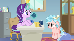 Size: 1920x1080 | Tagged: safe, screencap, character:cozy glow, character:starlight glimmer, species:pegasus, species:pony, species:unicorn, episode:marks for effort, g4, my little pony: friendship is magic, chocolate, cup, drinking, duo, duo female, empathy cocoa, female, filly, floppy ears, food, frown, guidance counselor, hot chocolate, magic, starlight's office, telekinesis