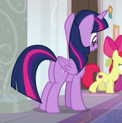 Size: 408x413 | Tagged: safe, screencap, character:apple bloom, character:twilight sparkle, character:twilight sparkle (alicorn), species:alicorn, species:pony, episode:marks for effort, g4, my little pony: friendship is magic, cropped, plot, twibutt