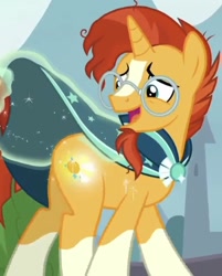 Size: 846x1054 | Tagged: safe, screencap, character:sunburst, episode:the parent map, g4, booty call, cloak, clothing, cropped, glasses, glowing cutie mark, look at my ass, magic, robe, sunburst's glasses, sunburst's robe